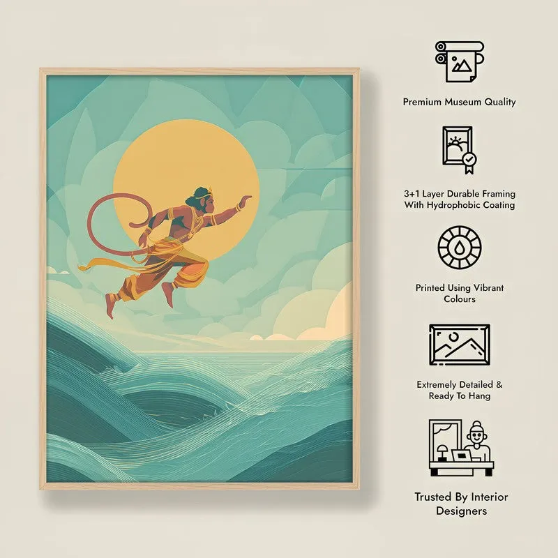 Bajrangbali Flying Over Sea Archival Paper Wall Art - Natural Brown Frame media 8