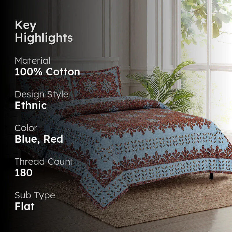 Alankrita Ethnic Cotton Bedsheet (Red,Blue) - 180 TC media 2