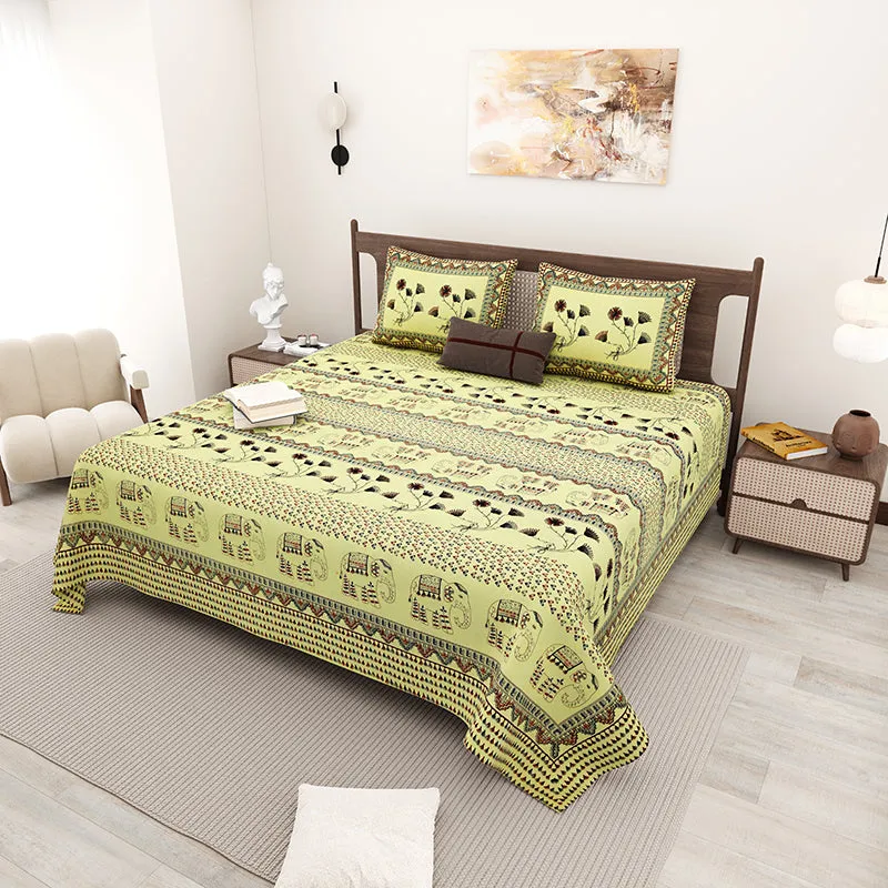 Aashvi Ethnic Cotton Bedsheet (Light Green) - 180 TC media 1