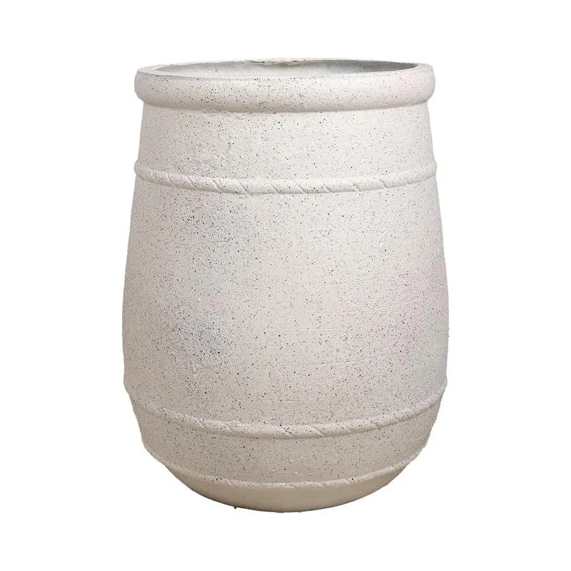 Front view of the off-white planter showing its rounded cylindrical shape and speckled texture