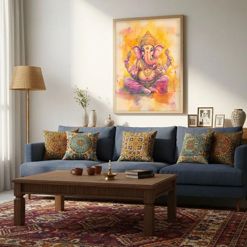 Divine Vakratunda Spiritual Archival Paper Wall Painting - Natural Brown Frame media 4