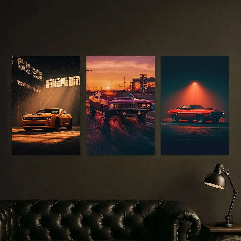 Three vintage muscle car posters styled above a dark leather sofa