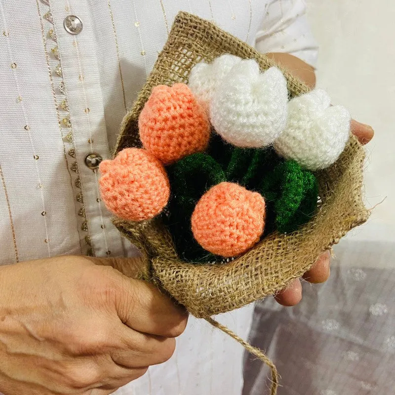 Crochet Handmade Rose Bouquet (White,Peach) - Set Of Six media 7