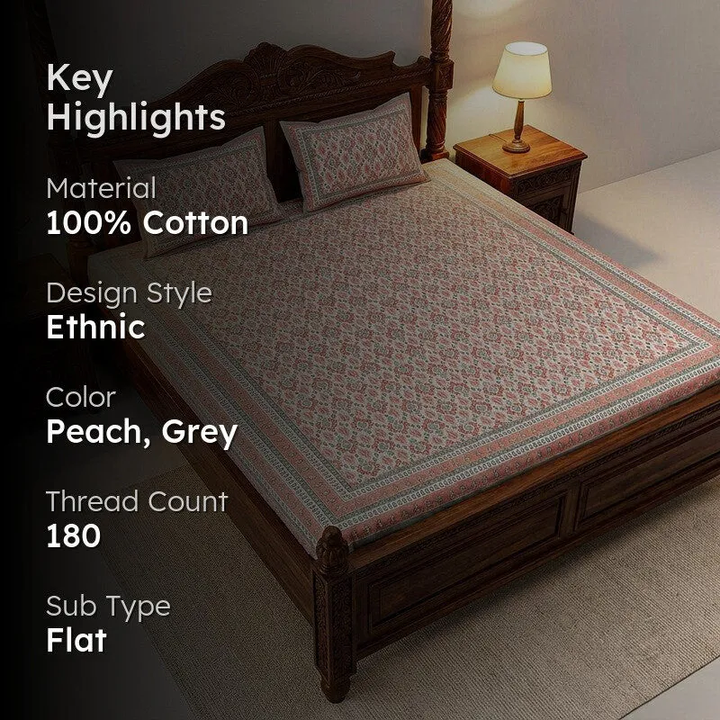 Rowan Ethnic Cotton Bedsheet (Peach) - 180 TC media 2