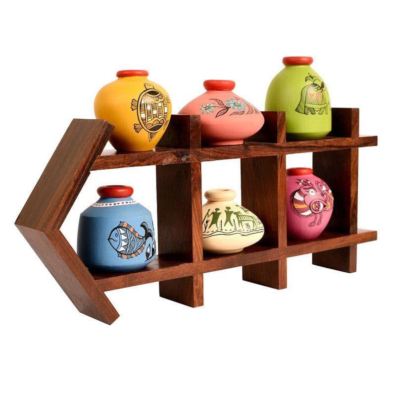 Bosa Wooden Wall Shelf With Madhubani Pot - Set Of Seven media 4