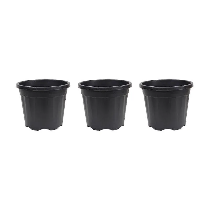 Three black plastic plant pots displayed side by side