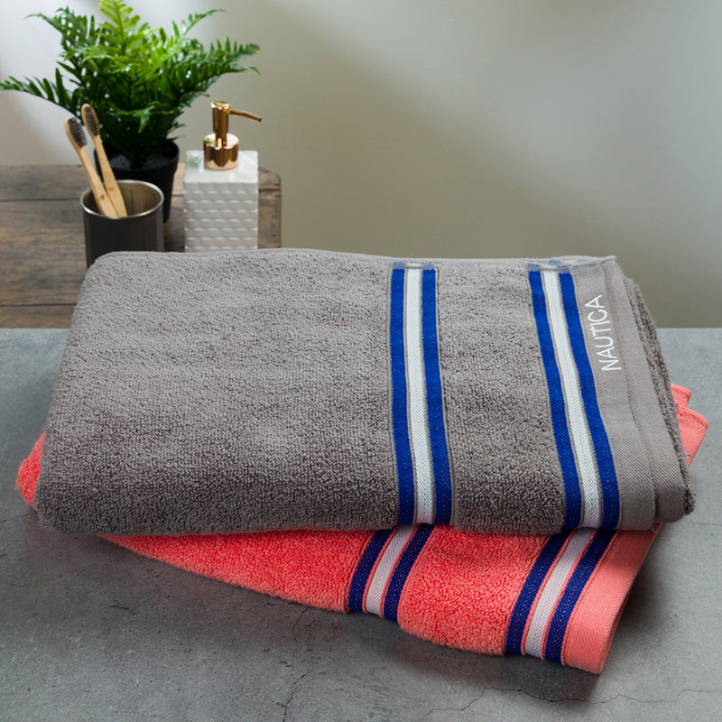Nautica Dual Down Cotton Bath Towel (Grey & Coral) - Set Of Two media 4