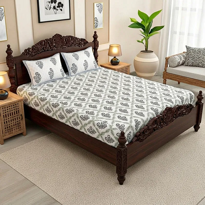 Malati Cotton Bedsheet (Grey, Blue) - 180 TC media 1