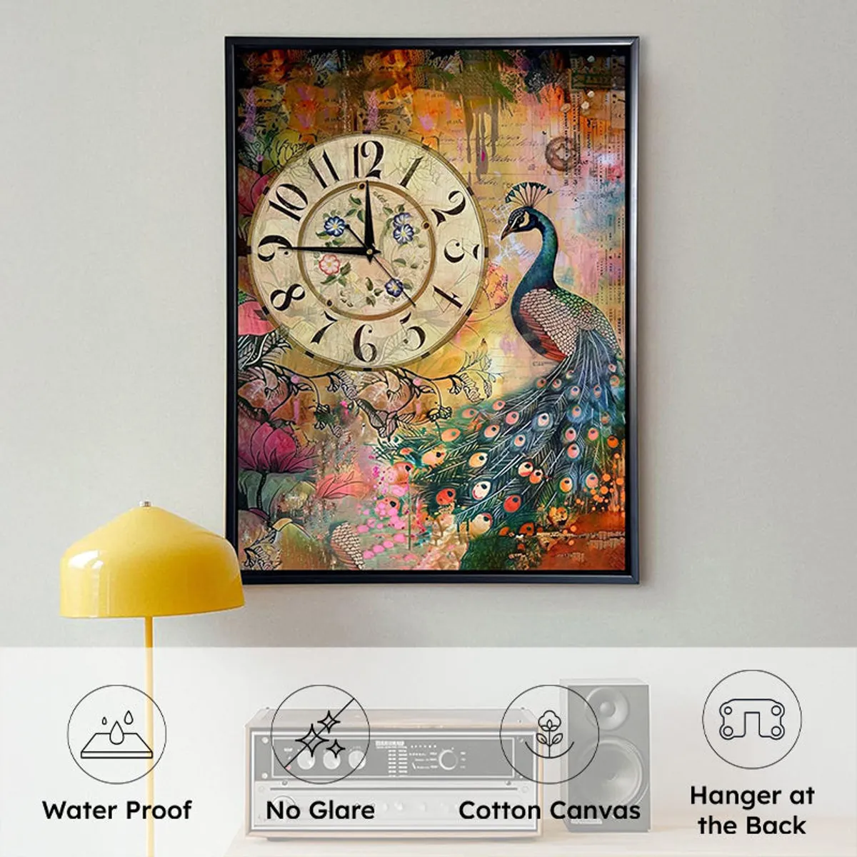 Framed multicolour peacock and clock wall art displayed above a console