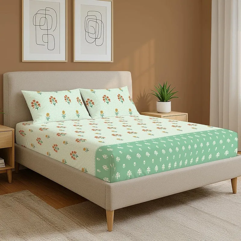 Green Meadows Floral Cotton Bedsheets (Green) - 144 TC media 1