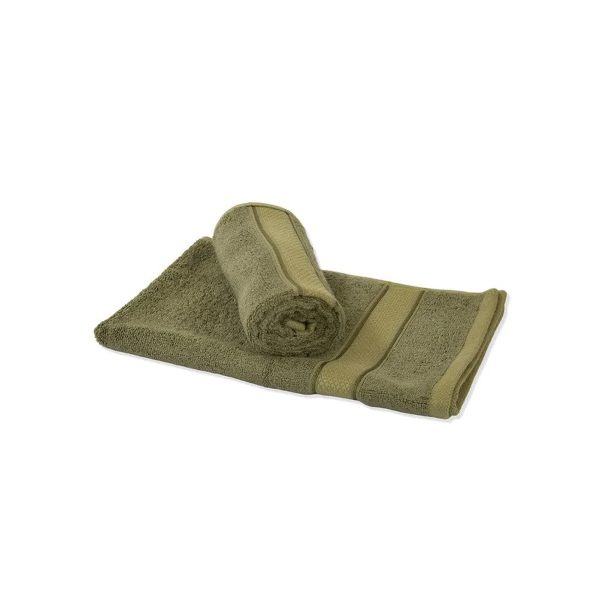 Rolled and folded olive green towels arranged against a white background
