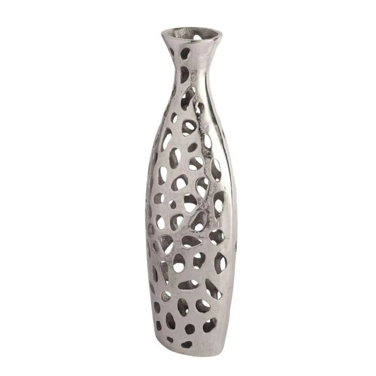 Three-quarter view of a silver decorative vase with openwork detailing
