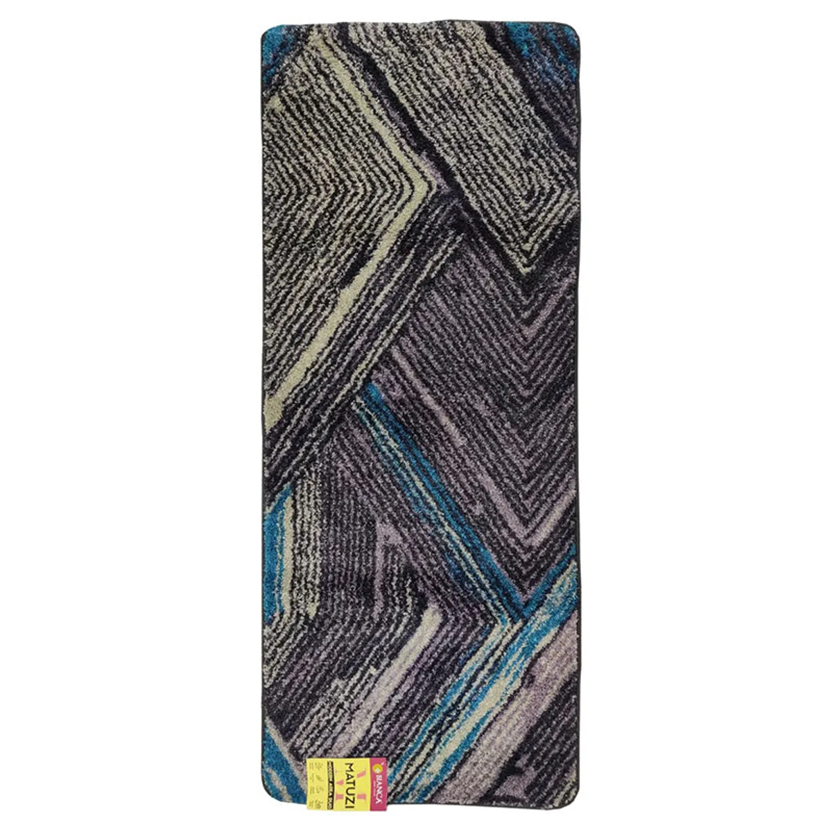 Front view of a geometric runner rug in black, grey and blue