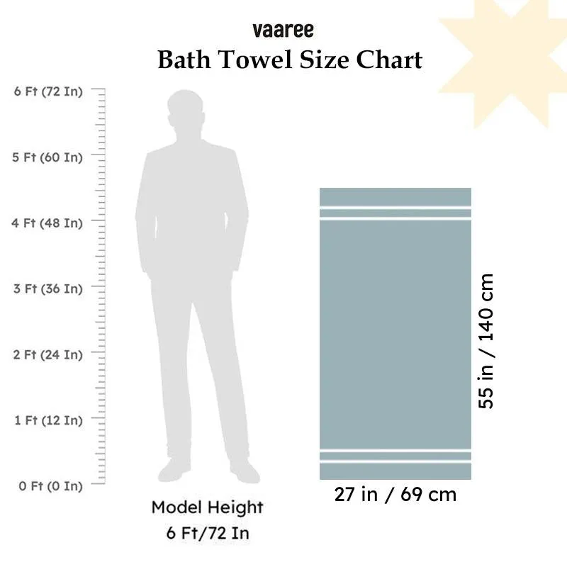 Bath towel size chart showing a 69 by 140 cm towel beside a person.