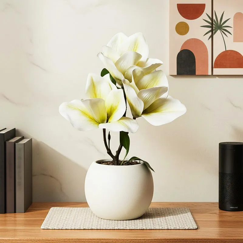 Magnolia Artificial Flower Plant With Black Plastic Pot - White,Yellow media 6