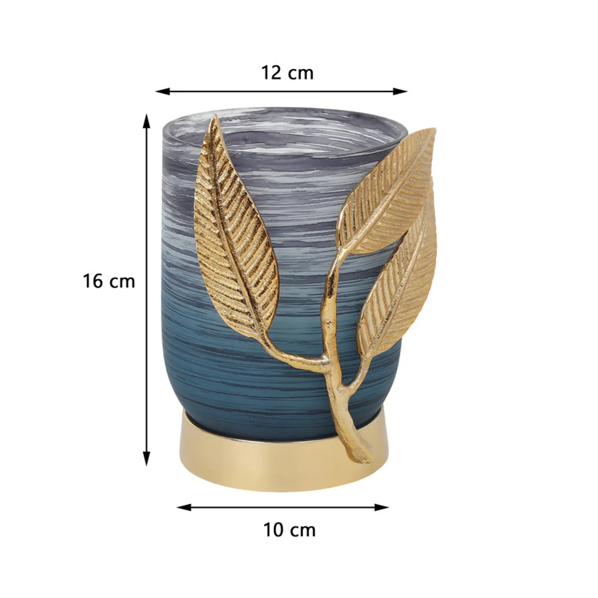 Blue cylindrical vase with gold leaf detail and gold base, front view