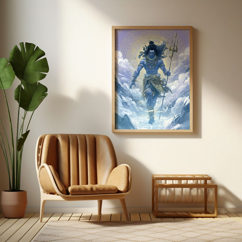 Mahadev with Trishul Divine II Archival Paper Wall Art - Natural Brown Frame
