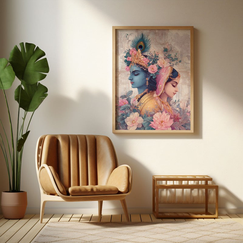 Sri Radha Krishna Enchanting Archival Paper Wall Art - Natural Brown Frame