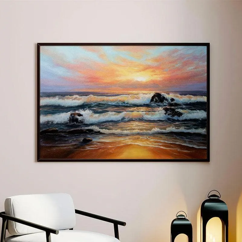 Golden Sunrise On Beach Wall Painting - Black Frame media 1