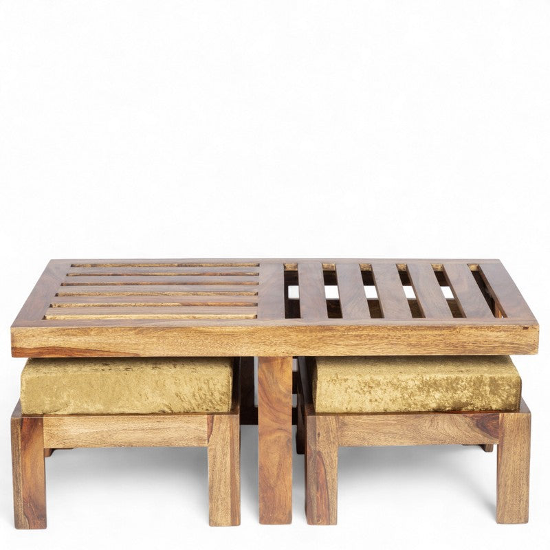 Dravon Sheesham Wooden Center Table with Stools (Brown,Gold) - Five Piece Set media 3