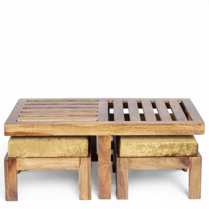 Dravon Sheesham Wooden Center Table with Stools (Brown,Gold) - Five Piece Set media 3