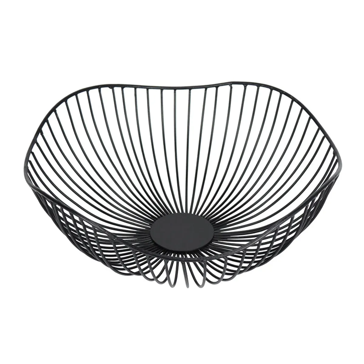 Empty black open-weave fruit basket shown from above