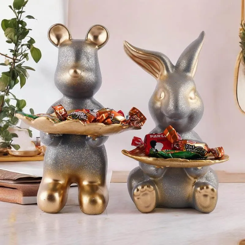 Hop & Squeak Painted Poly Resin Show Piece (Grey) - Set Of Two media 1