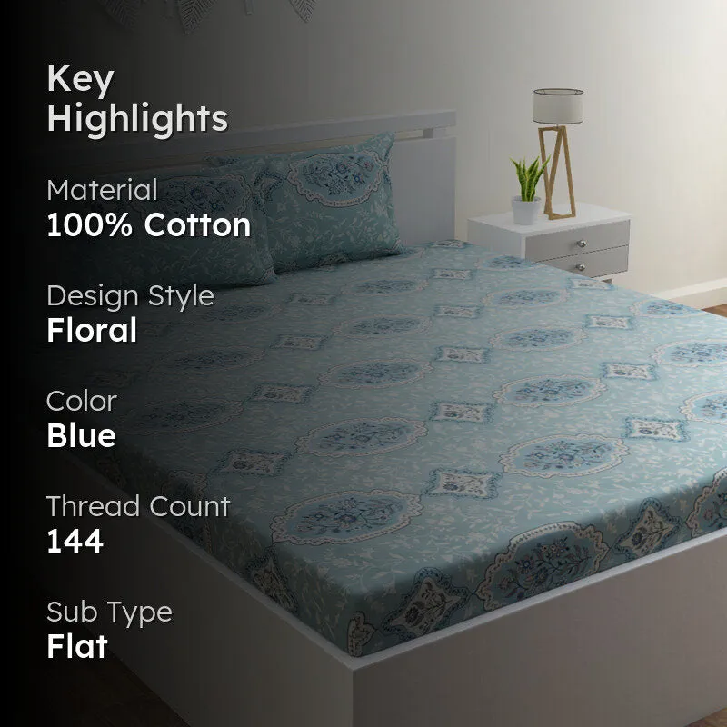 Serene Sleep Cotton Bedsheet (Blue) - 144 TC media 2