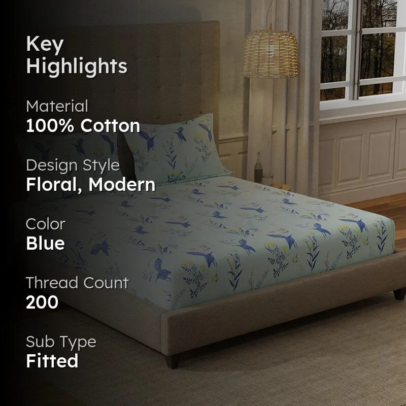 Mint blue printed bedsheet with key highlights text overlay