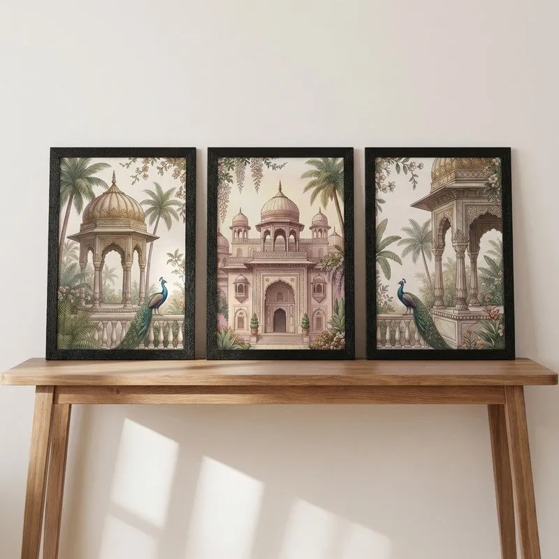 Regal Archway & Peacock Wall Painting With Frame - Set Of Three media 3