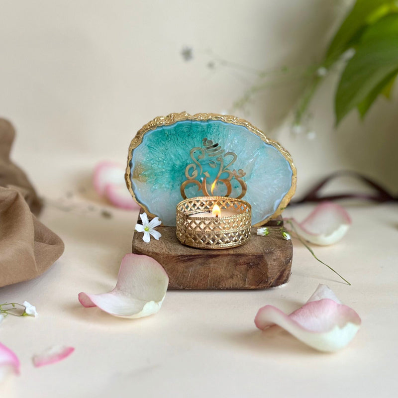 Ganesha Handcrafted Agate Religious Accent With Tealight Candle Holder - Green