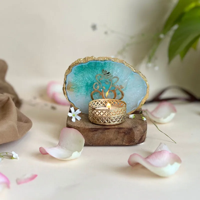 Ganesha Handcrafted Agate Religious Accent With Tealight Candle Holder - Green media 1