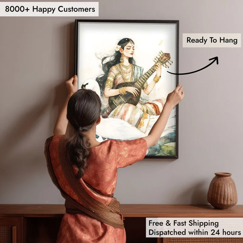 Hamsavahini Saraswati Spiritual Archival Paper Wall Painting With Frame - Black media 6
