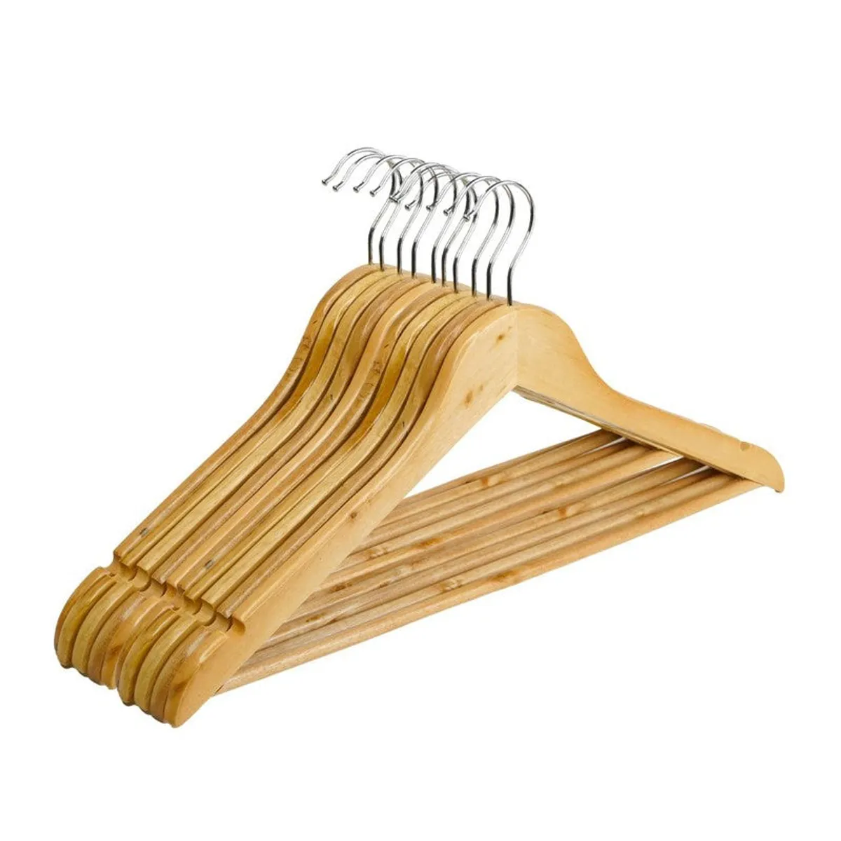 Grouped wooden hangers shown from an angled view