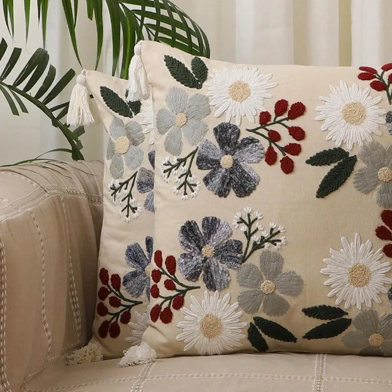 Vintage Garden Embroidered Cotton Cushion Cover-Set of Two media 2