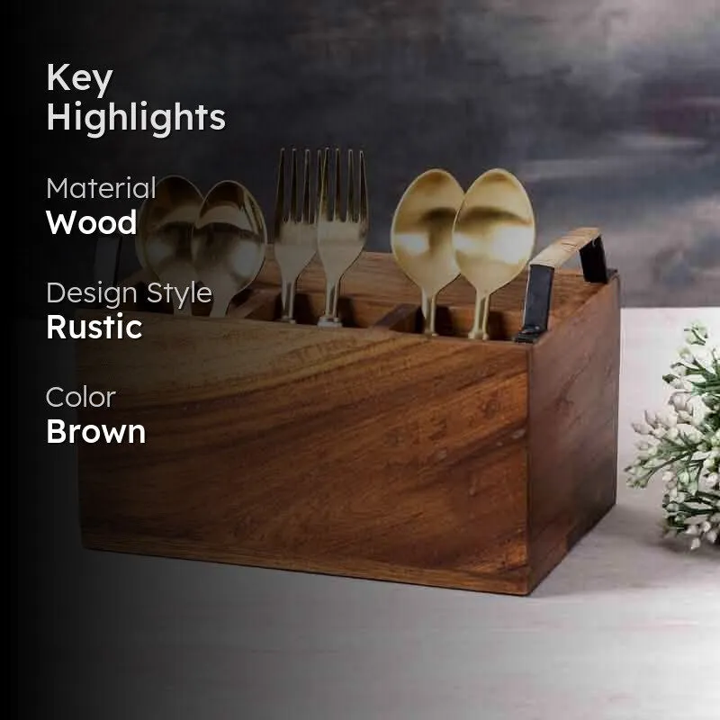 Brown wooden cutlery holder styled with cutlery on a tabletop