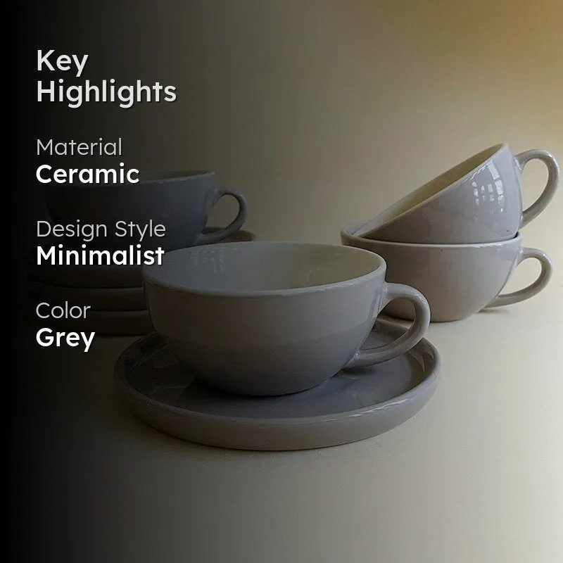 Blush & Brew Ceramic Cup & Saucer (Grey/320 mL) - Eight Piece Set media 2