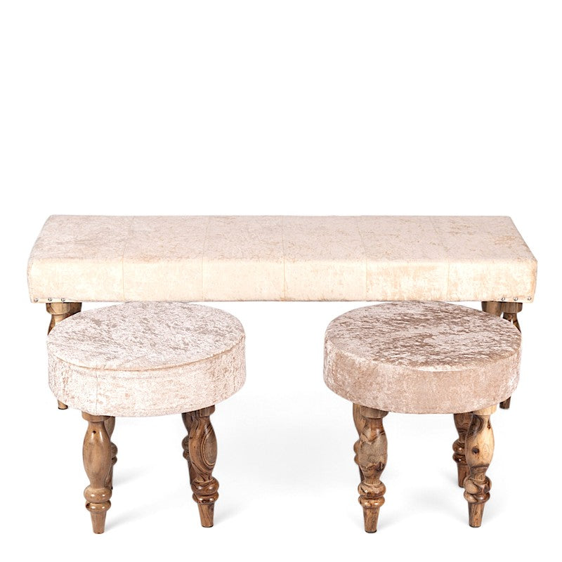 Alvyn Sheesham Wooden Bench with Stools (Beige) - Three Piece Set media 3