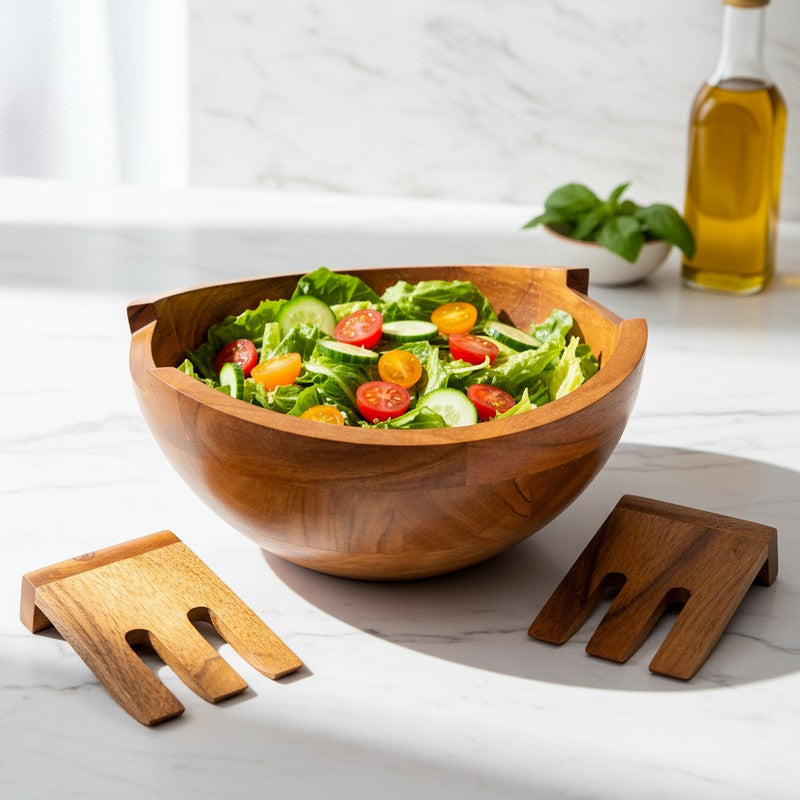 Artisan Carved Wood Salad Bowl With Hands (750 mL) - Three Piece Set