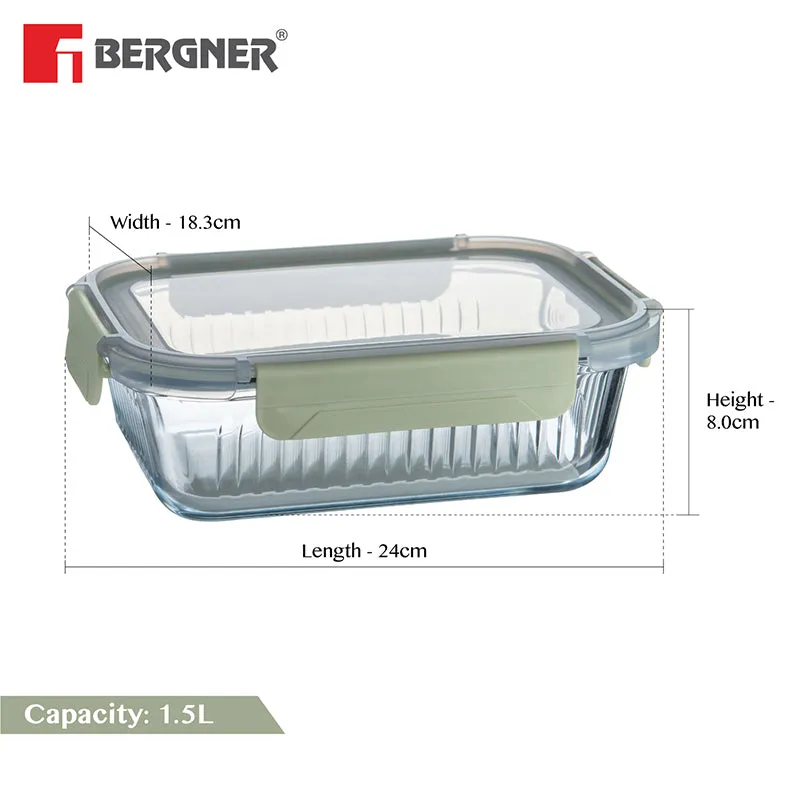 Transparent rectangular glass tiffin box with green lid shown beside dimension markings
