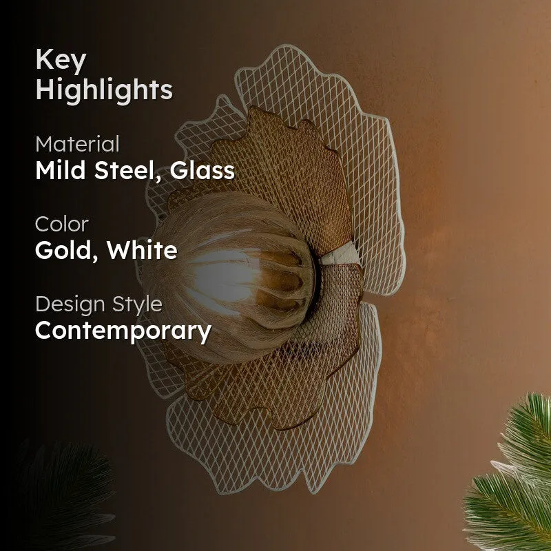 Gold and white floral wall lamp with key highlights text overlay