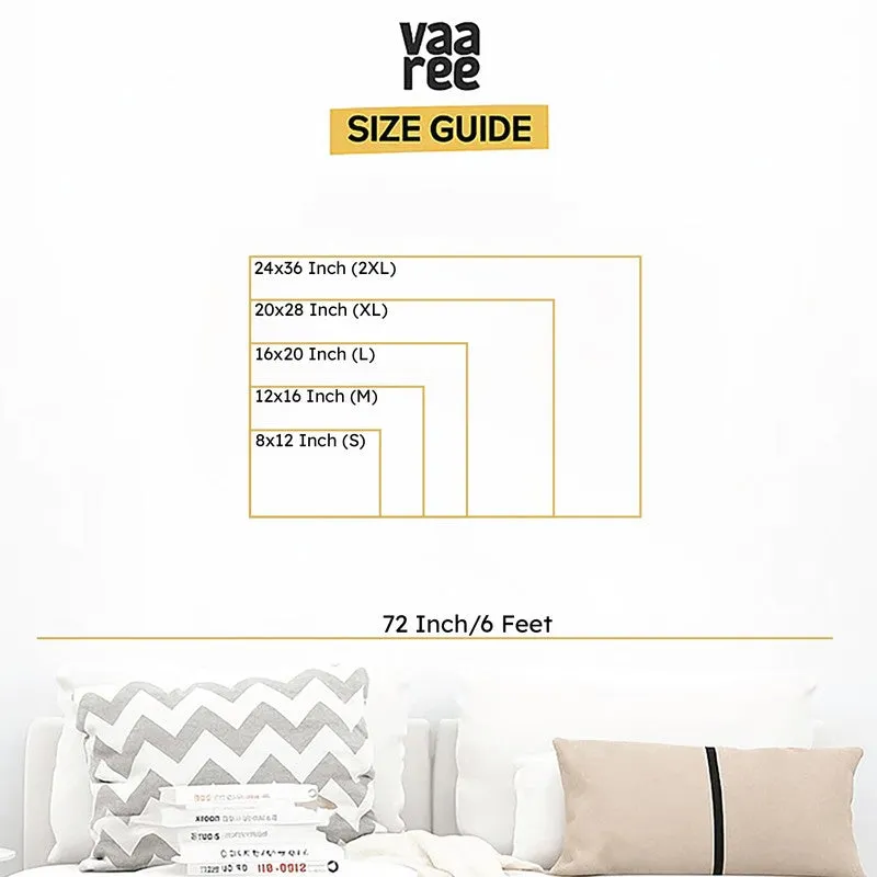 Size guide graphic with nested frame outlines above a white sofa.