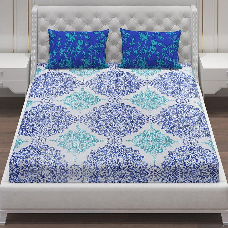 Monte Carlo Dio Mandala Cotton Bedsheet (White,Blue) - 104 TC media 4