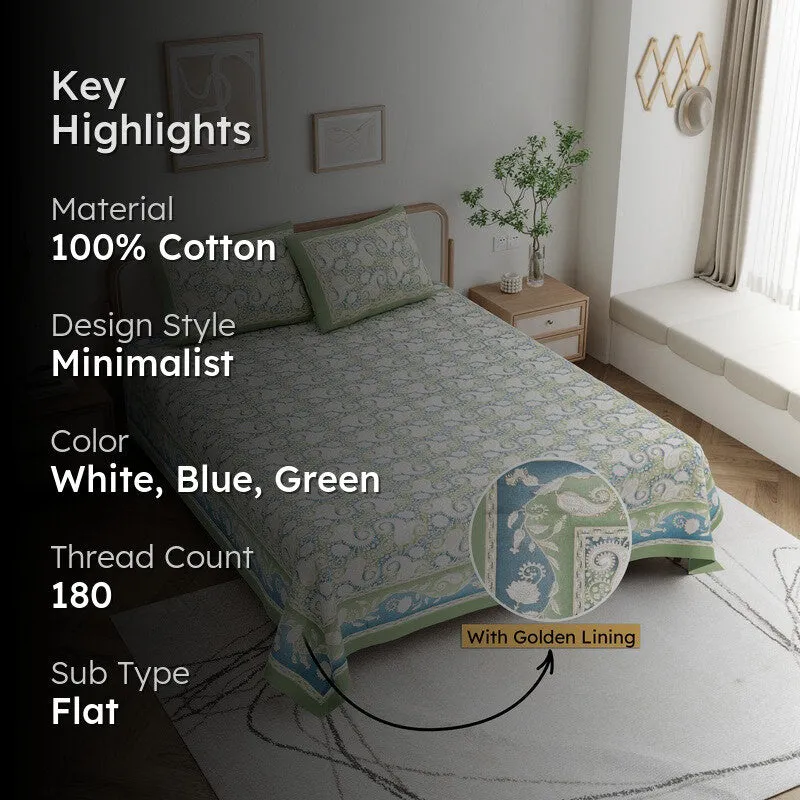 Mango Muse Cotton Bedsheet (White,Green) - 180 GSM media 2