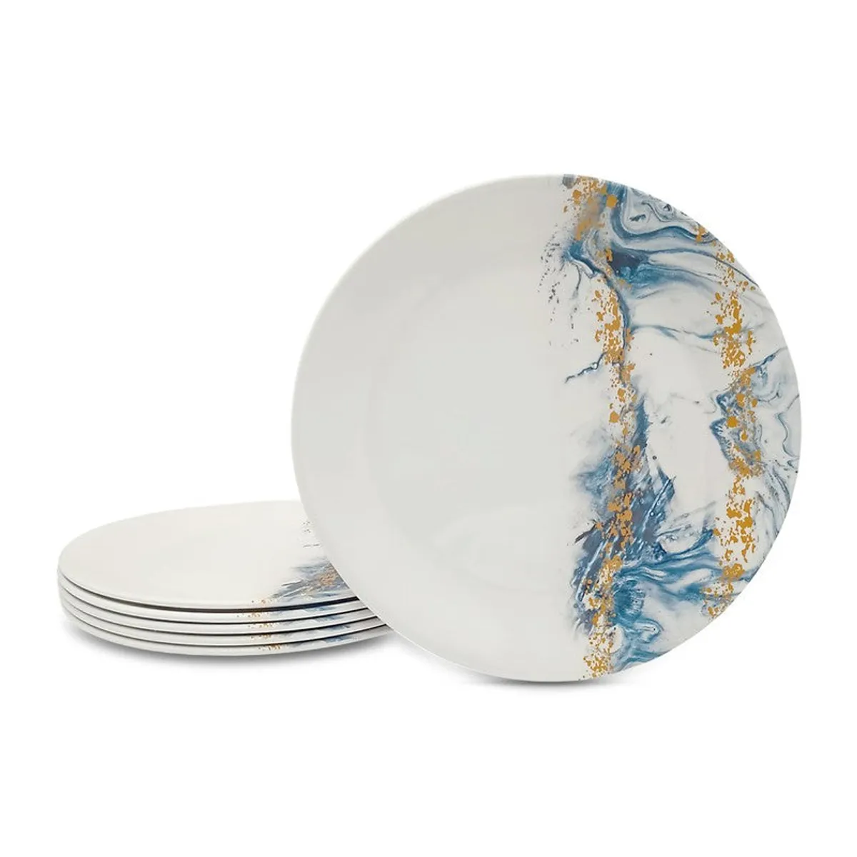 White marbled dinner plate standing beside a small stack of matching plates