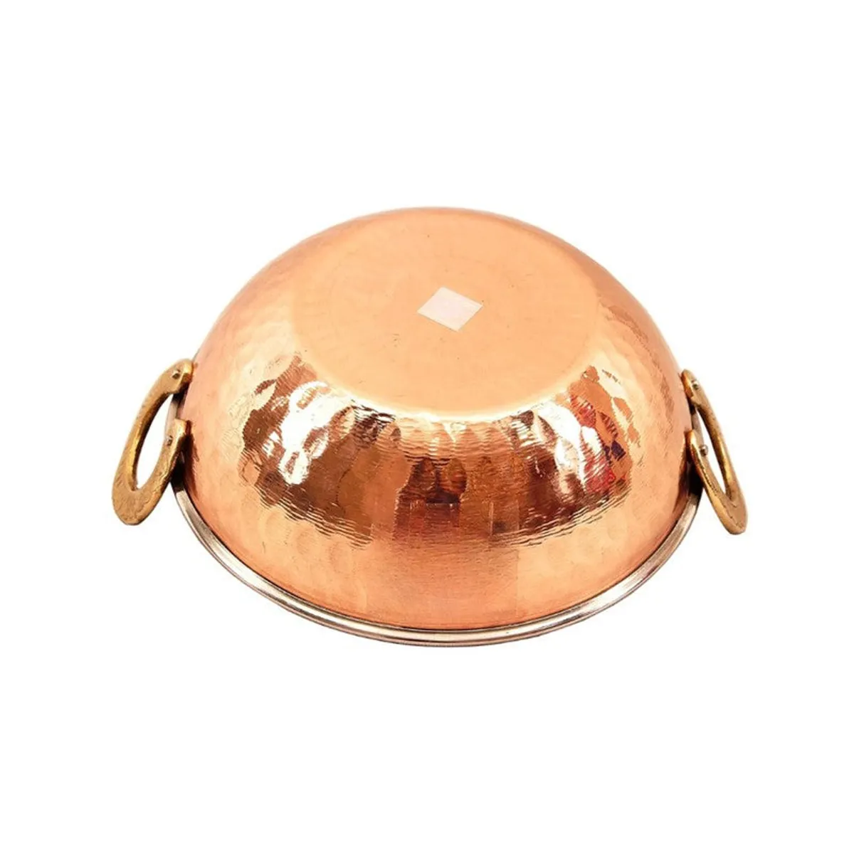 Upside-down view showing the copper exterior and two side handles