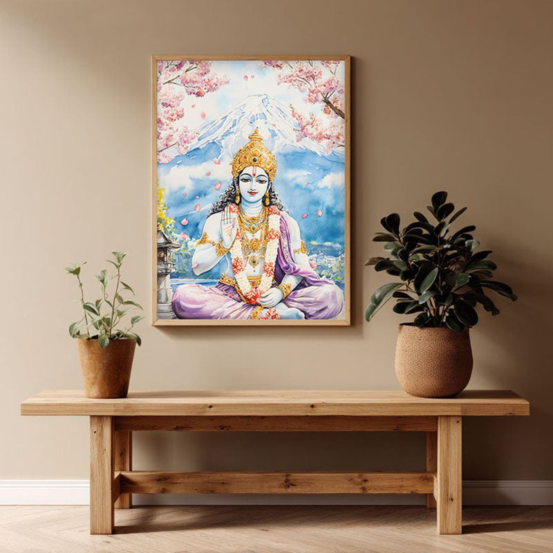 Vaikunthanatha Spiritual Archival Paper Wall Painting - Natural Brown Frame