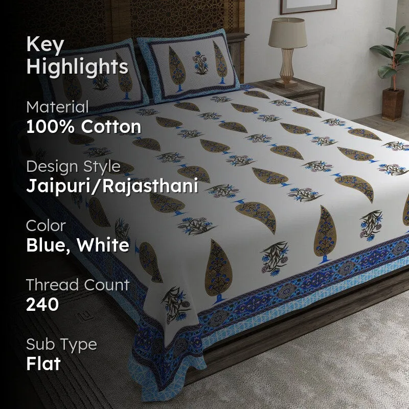 Jaipuro Cotton Bedsheet (Blue,White) - 240 TC media 2