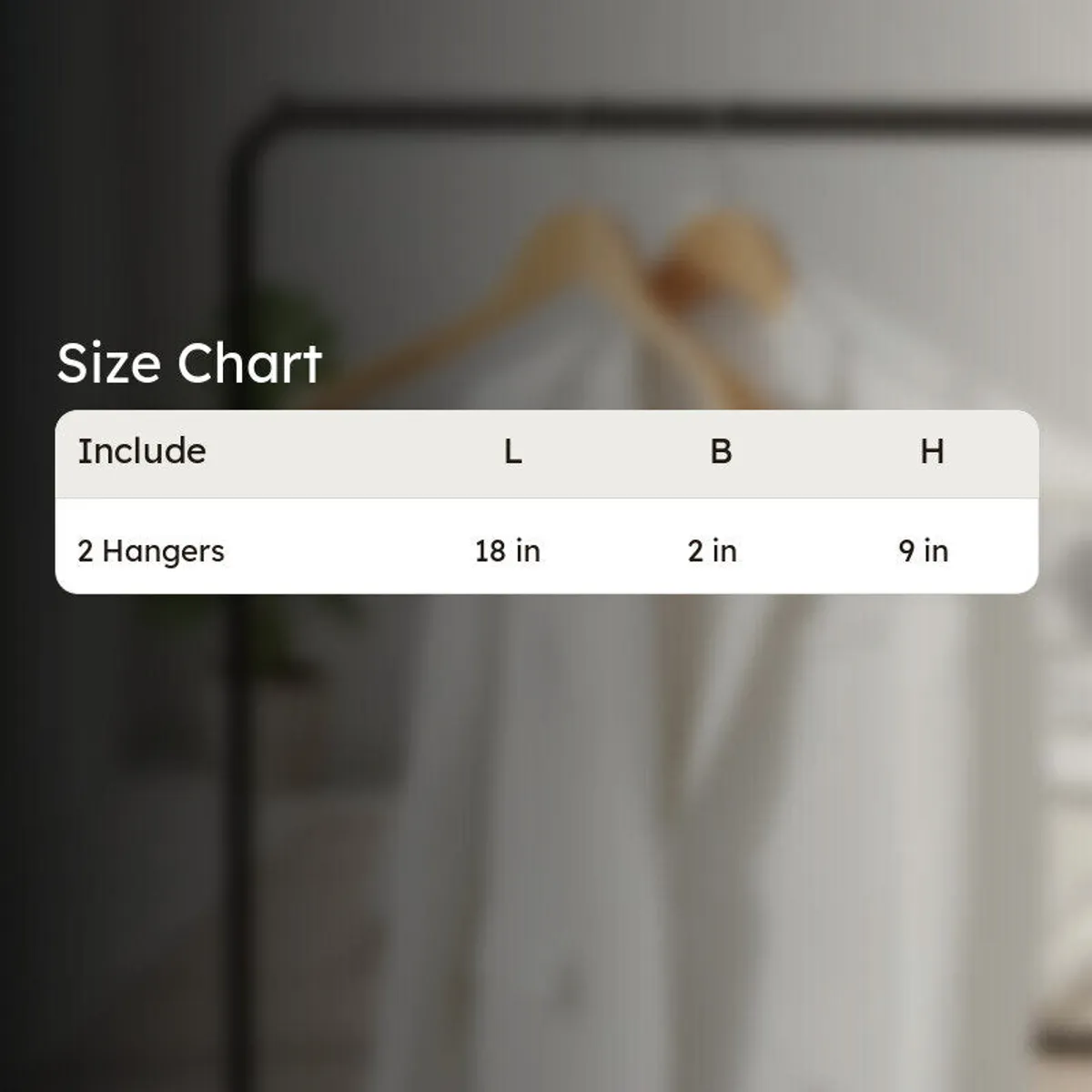 Size chart graphic for a set of two hangers