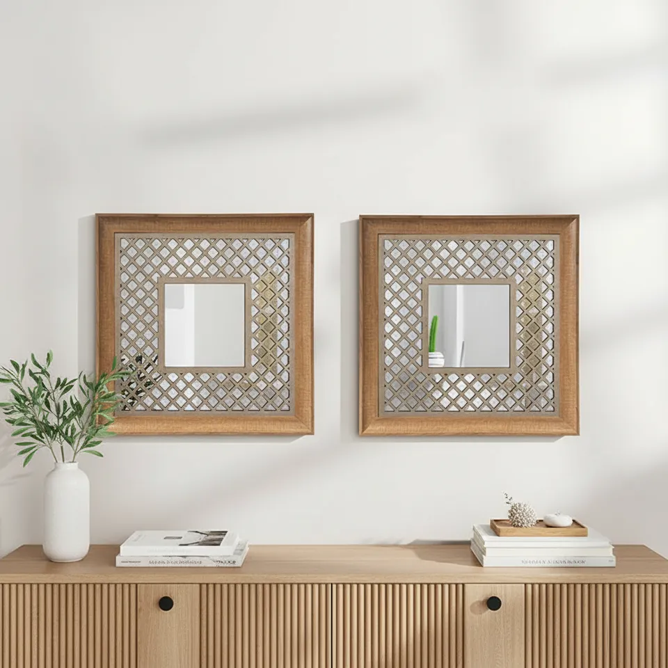 Jharokha View Decorative Acrylic Wall Mirror (Beige) - Set Of Two media 1